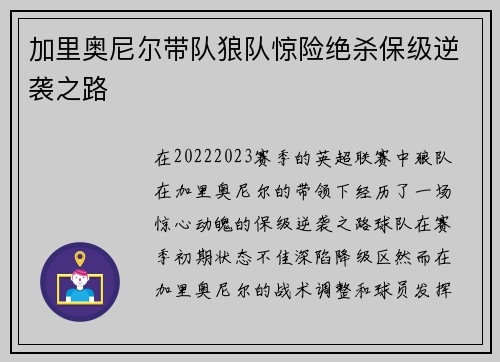加里奥尼尔带队狼队惊险绝杀保级逆袭之路