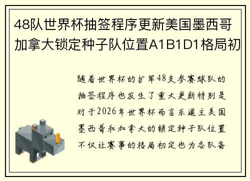 48队世界杯抽签程序更新美国墨西哥加拿大锁定种子队位置A1B1D1格局初定
