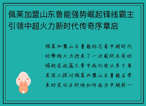 佩莱加盟山东鲁能强势崛起锋线霸主引领中超火力新时代传奇序章启