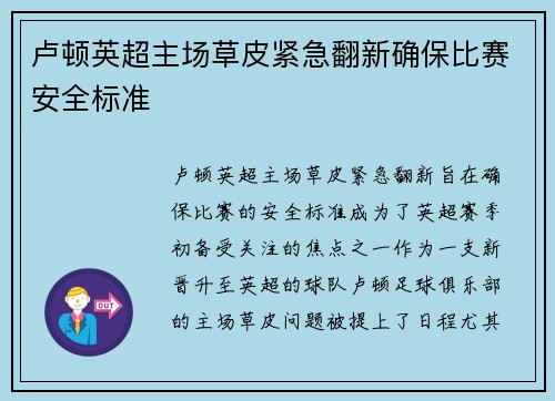 卢顿英超主场草皮紧急翻新确保比赛安全标准
